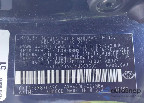 2021 Toyota Camry Le z USA, uszkodzony, nr VIN 4T1C11AK3MU603602